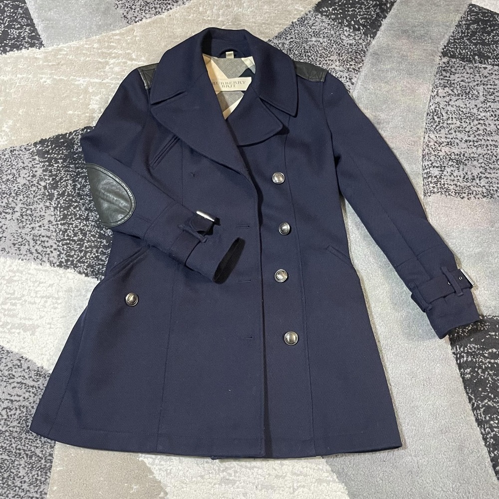 Burberry Brit Trench Coat Women 6/ Sm Blue Wool Leather Elbow Patch Epaulet Moto